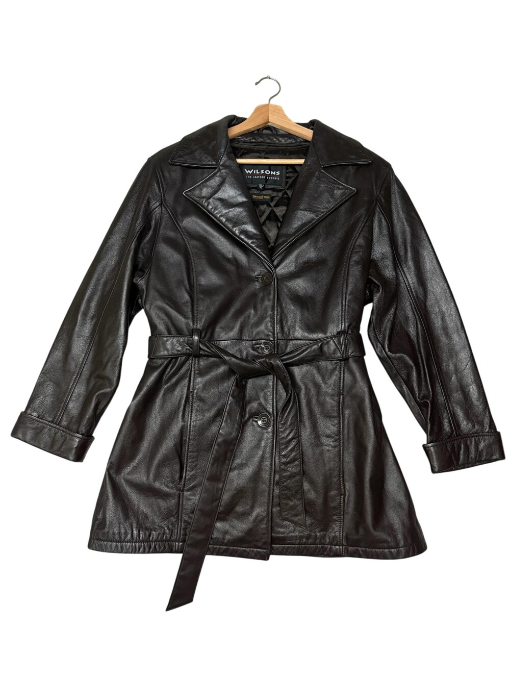 Wilsons Leather Coat Womens XL Brown Belted Trench Thinsulate Lined vintage